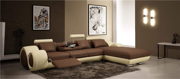 4085 Beige & Brown Leather Living Room Sectional Sofa With Built-in Recliner