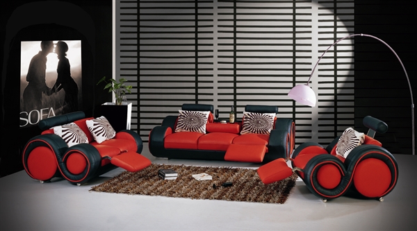 Modern Black and Red 3 Piece Living Room Sofa Set