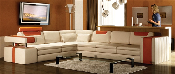 Vista Modern Italian Design Leather Sectional Sofa - Cream and Orange