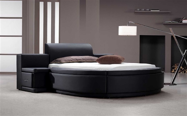 Modern Black Leather Round Bed with Drawers and Storage