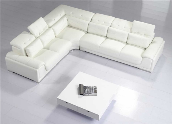 Contemporary White Leather Sectional Sofa w Adjustable Headrest and Pillows