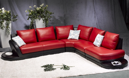 Modern Red/Black Leather Sectional Sofa with Pillows