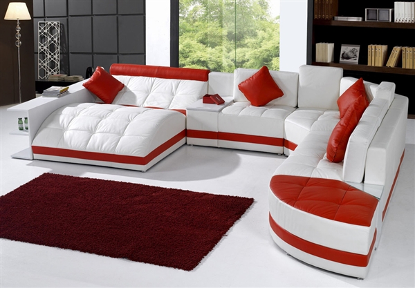 Miami Contemporary Leather Sectional Sofa Set - White / Red